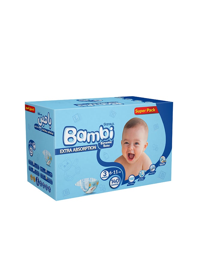 سانيتا بامبي حفاضات أطفال بعبوة سوبر مقاس 3 ميديوم لوزن 6-11 كيلوجرام، 140 قطعة - Image 3