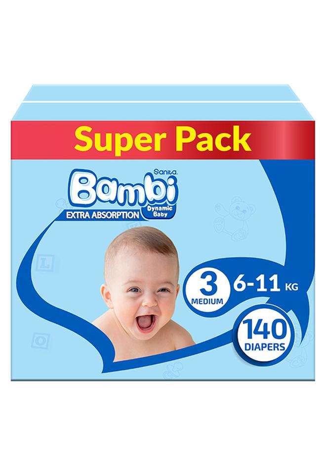 Sanita Bambi Baby Diapers Super Pack Size 3, Medium, 6-11 KG, 140 Count - Image 1