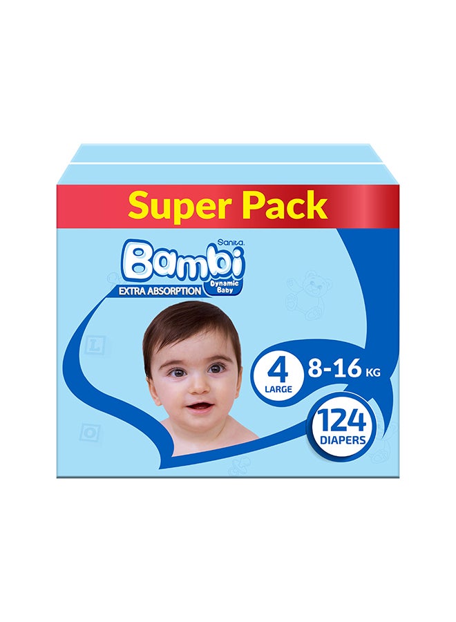 Sanita Bambi Baby Diapers Super Pack Size 4, Large, 8-16 KG, 124 Count - Image 1
