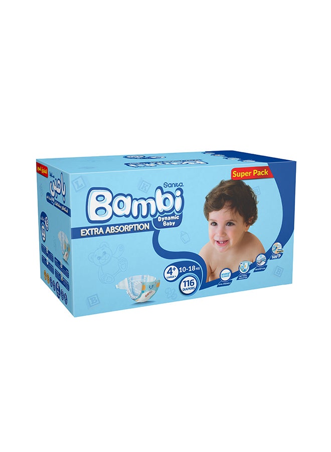 سانيتا بامبي حفاضات اطفال سوبر باك مقاس 4+ كبير 10-18 كغ 116 قطعة - Image 3