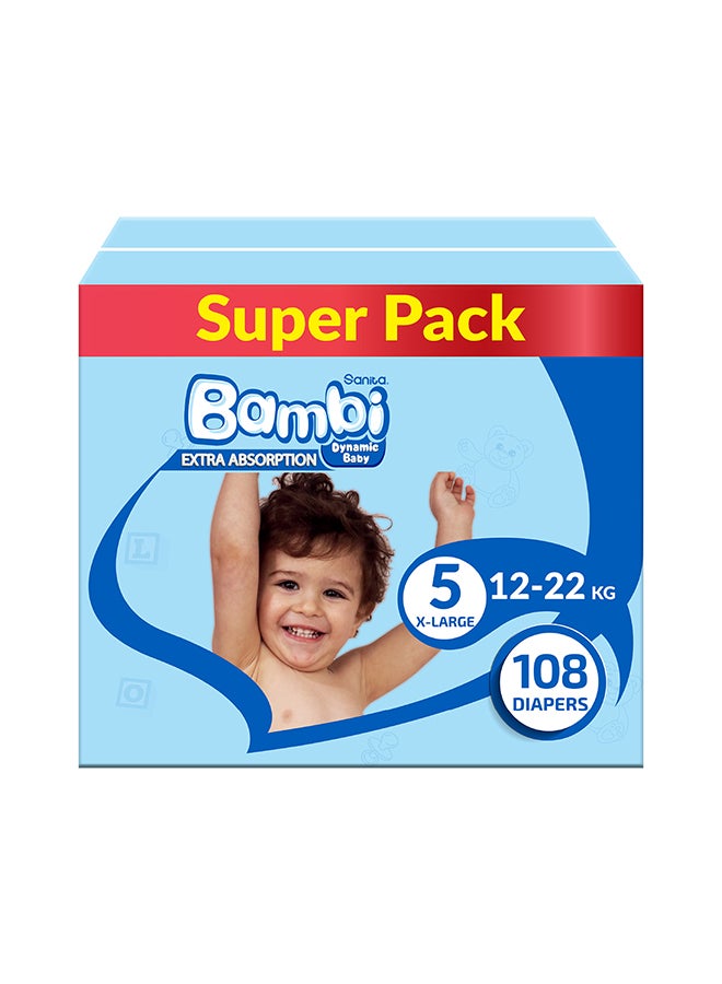 سانيتا بامبي مجموعة حفاضات الأطفال بمقاس 5 كبير جداً للأوزان 12-22 كجم - الصندوق السوبر مكون من 108 قطعة - Image 1