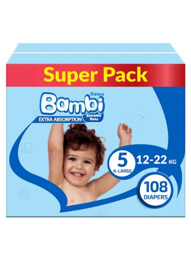 سانيتا بامبي مجموعة حفاضات الأطفال بمقاس 5 كبير جداً للأوزان 12-22 كجم - الصندوق السوبر مكون من 108 قطعة - Image 2