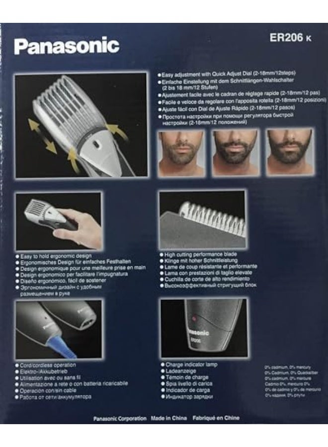 Panasonic - Men'S Rechargeable Beard  Hair Trimmer, 12 Cutting Lenghts, Er 206 Grey/White - Image 1