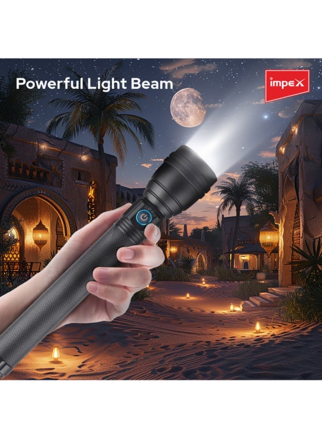 Impex Rechargeable Durable Long Distance LED Handheld Flashlight Black 240x125x53mm  - Image 1