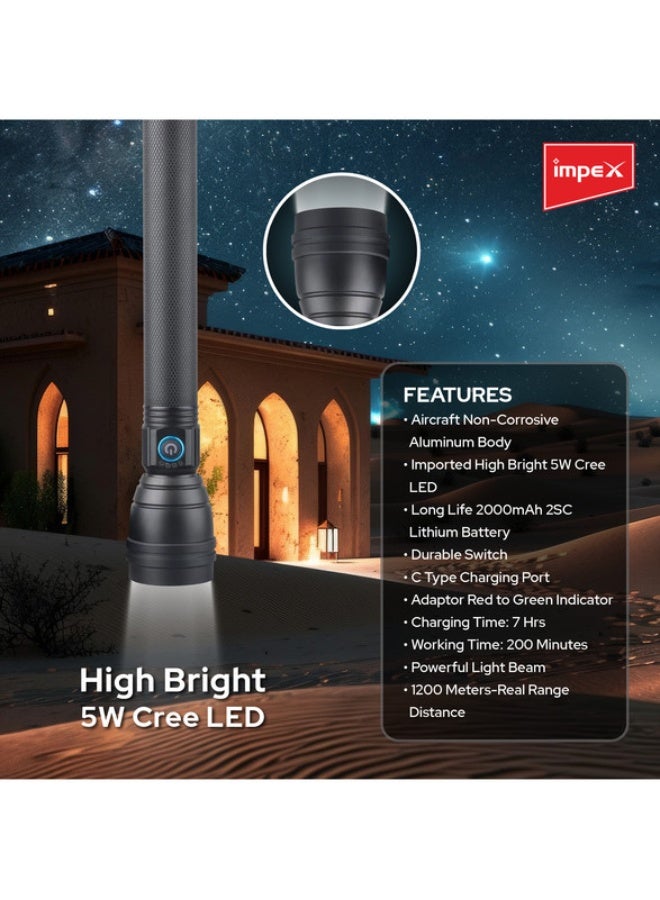 Impex Rechargeable Durable Long Distance LED Handheld Flashlight Black 240x125x53mm  - Image 3