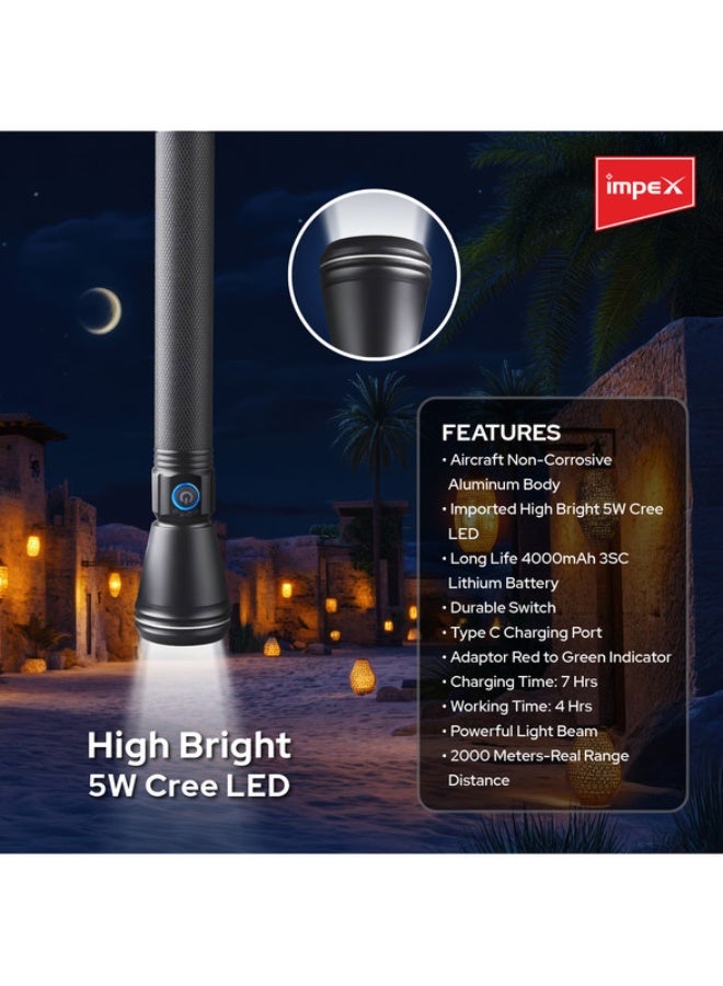 Impex Rechargeable LED Handheld Flashlight Torch Black/Clear 261mm  - Image 4