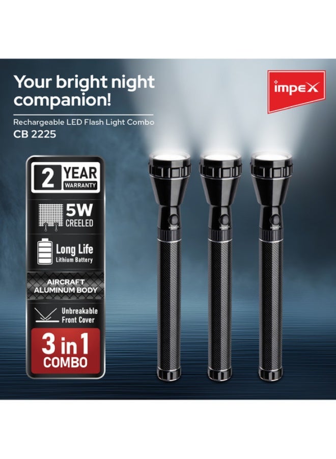 Impex 3-Piece Rechargeable Handheld Durable Powerful LED Flashlight Distance Covered Upto 800 Meters Black 295x185x55mm  - Image 2
