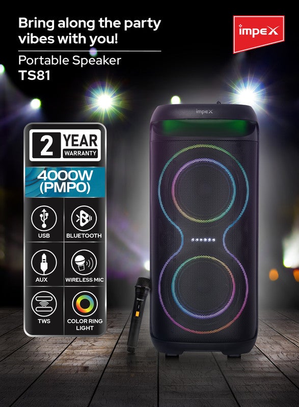 Impex 12 inch Portable Trolly Speaker Music Player Song With Outdoor and Indoor DJ Party System- 2300W (PMPO),12V Battery, USB, TF, AUX, FM Radio, Mic Input, Bluetooth Function, UHF MIC - High-Quality Sound Experience - Black, TS 81 Black Black - Image 2