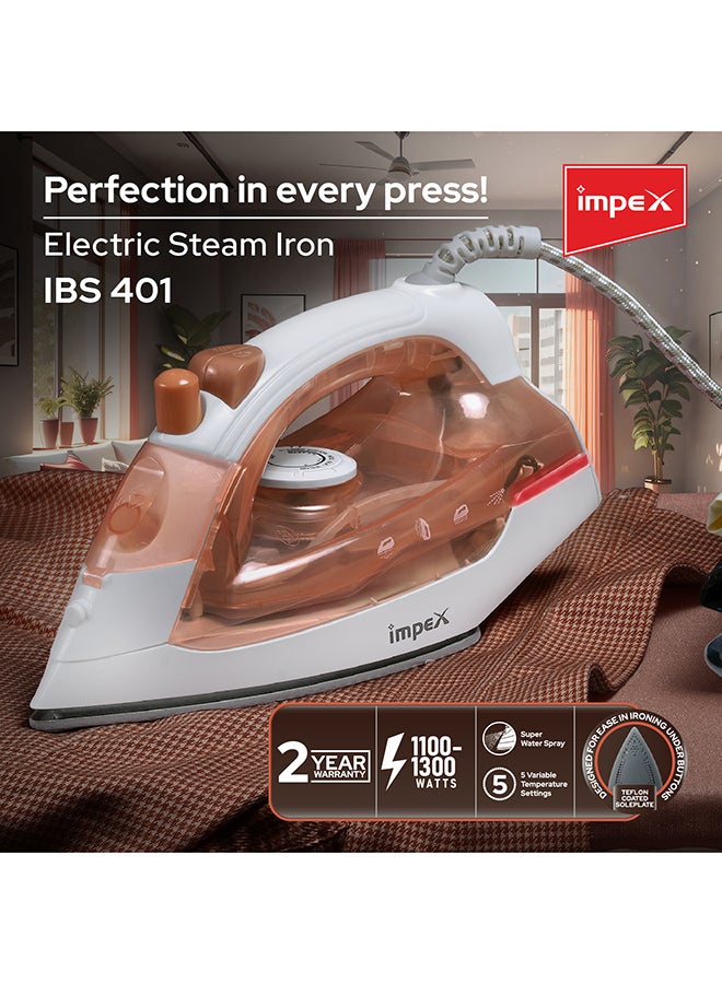 Impex - Electric Steam Iron Box - Non-Stick Coated Soleplate, 360-Degree Swivel Cord, Water Spray Function, Vertical & Horizontal Steaming, Variable Steam Control, , Pilot Lamp, Five Temperature Settings 1.45 kg 1300 W IBS 401 Multicolour - Image 1