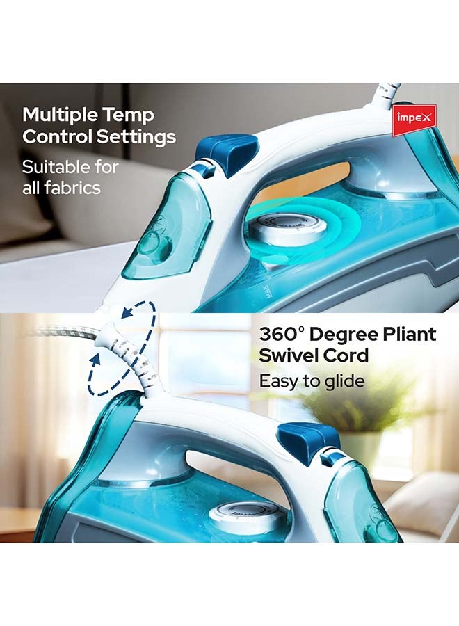 Impex - Electric Steam Iron Box with 2300W Power, Ceramic Coated Sole Plate, 5 Variable Temperature Settings, 360° Swivel Cord, Super Water Spray System, Overheat Protection 2300 W IBS 403 Blue/White - Image 1