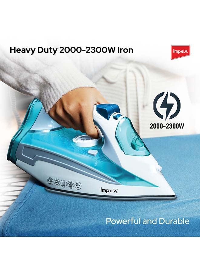 Impex - Electric Steam Iron Box with 2300W Power, Ceramic Coated Sole Plate, 5 Variable Temperature Settings, 360° Swivel Cord, Super Water Spray System, Overheat Protection 2300 W IBS 403 Blue/White - Image 1