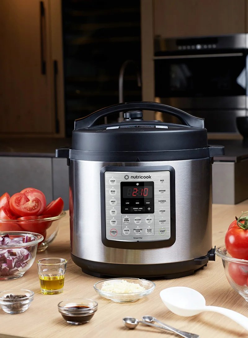 nutricook Electric Pressure Cooker, 6 Liters, Smart Pot Eko,9 In 1 Rice Cooker, Slow Cooker, Steamer, Sauté Pot, Yogurt Maker & More,14 Smart Programs, 2 Years Warranty 6 L 1000 W NC-SPEK6 Silver/Black