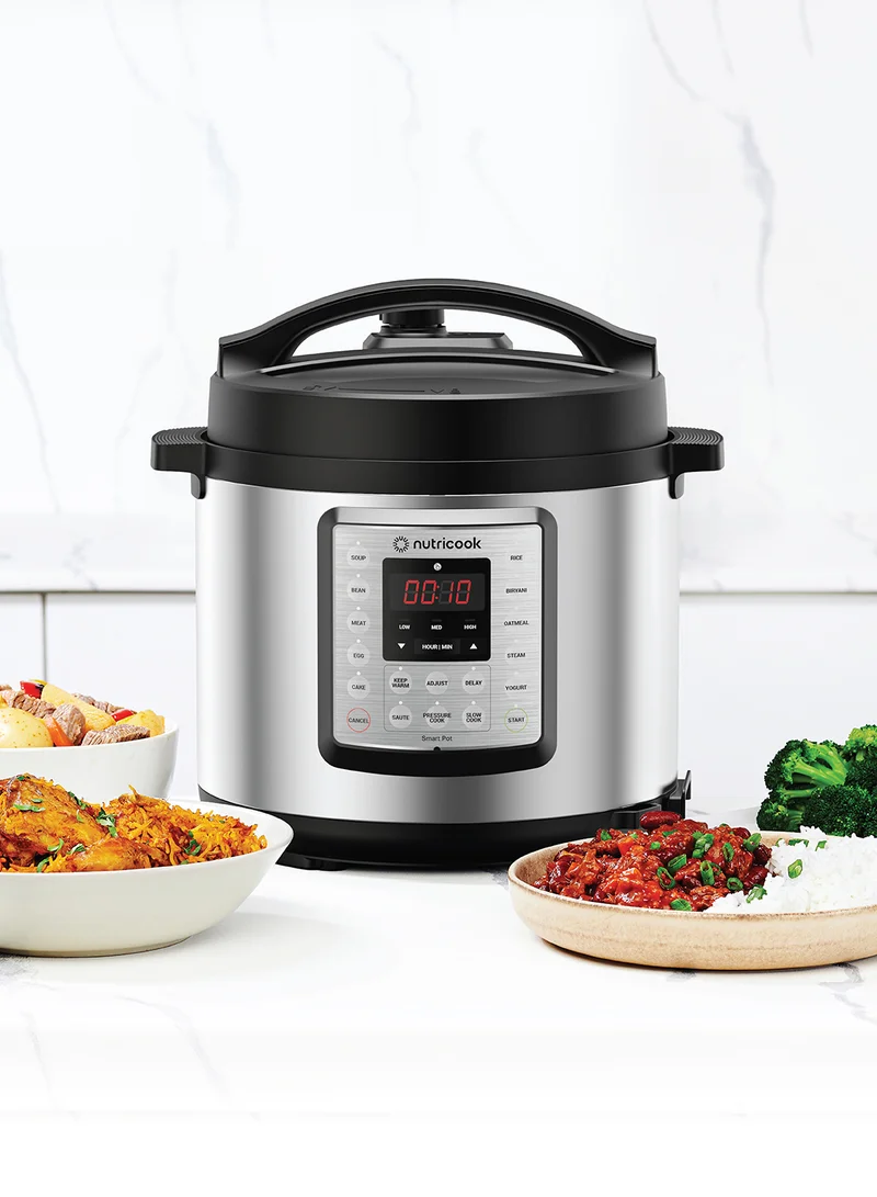 nutricook Electric Pressure Cooker, 6 Liters, Smart Pot Eko,9 In 1 Rice Cooker, Slow Cooker, Steamer, Sauté Pot, Yogurt Maker & More,14 Smart Programs, 2 Years Warranty 6 L 1000 W NC-SPEK6 Silver/Black
