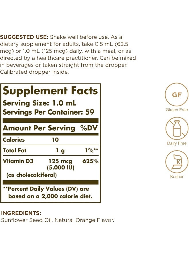 Solgar Liquid Vitamin D3 Cholecalciferol, 5000 IU, 125 mcg (2 fl. oz) - Image 2
