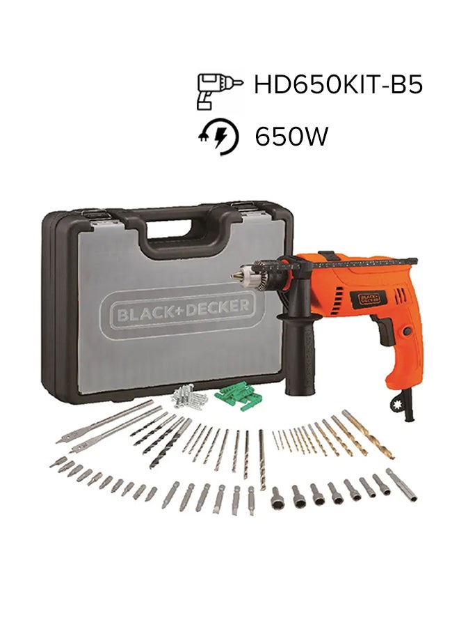 BLACK+DECKER Corded Electric Hammer Percussion Drill, 650W, 13mm, Includes 50-Piece Accessory Bit Set, Kitbox, for Metal, Concrete & Wood Drilling, Easy Storage, Orange/Black - HD650KIT-B5 Orange/Black 10x12x11cm - Image 1