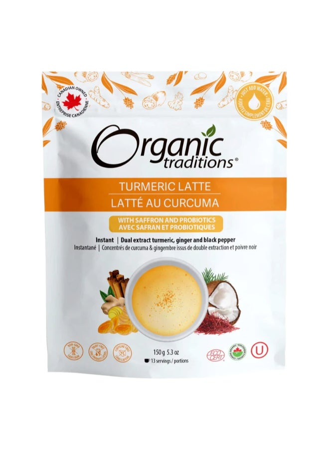 Organic Traditions Turmeric Latte With Saffron & Probiotics 150g — 13 Servings, Instant Relax,1 Billion Gut Healing Probiotics, 5.3 oz 150grams - Image 1