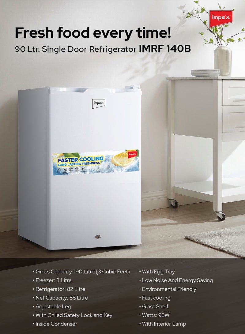 90 L Single Door Mini Refrigerator, (3 Cubic Feet) Freezer Fridge, Glass Shelves, Safety Lock And Key, Low Noise, Energy Saving, Fast Cooling IMRF 140 B White