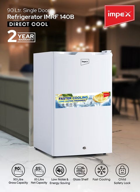 90 Liter Single Door Mini Refrigerator Fridge, (3 Cubic Feet) Freezer Fridge, Glass Shelves, Safety Lock And Key, Low Noise, Energy Saving, Fast Cooling 95 W IMRF 140 White