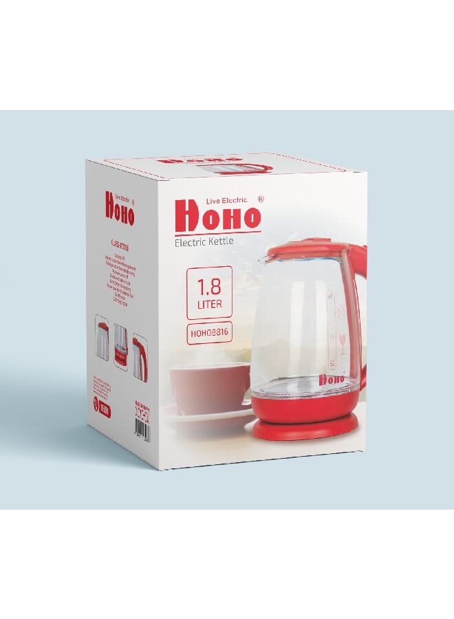 هوهو غلاية كهربائية من الزجاج بقدرة 1500 وات 1.8 L 1500 W HOHO-8816 متعدد الالوان  - Image 2