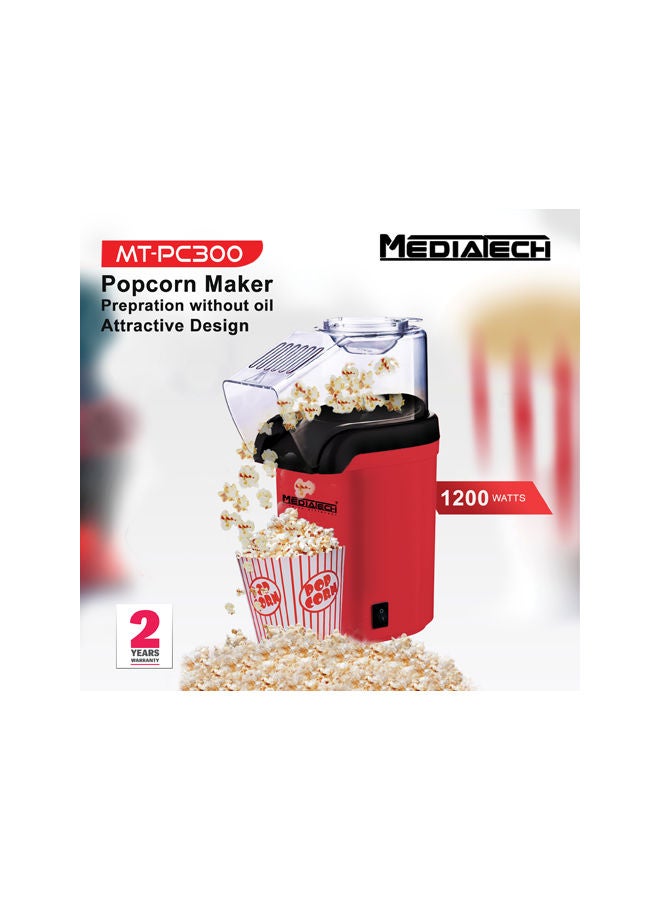 Media Tech Popcorn Maker, Prepared without Oil, Takes 2 Minutes to prepare, 0.06 kg 1200 W MTPC300 Red/Black/Clear - Image 2