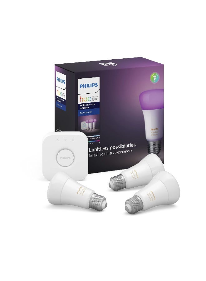 Philips - Hue Uae White And Colour Ambiance Led Smart Bulb - Starter Kit 3 Bulbs And Bridge Bluetooth And Zigbee Compatible Works With Apple Homekit Siri Alexa Google Assistant And Many More White & Colour Ambiance - Image 1