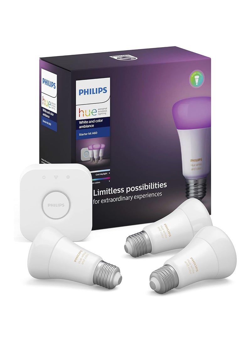 Philips Hue Uae White And Colour Ambiance Led Smart Bulb - Starter Kit 3 Bulbs And Bridge Bluetooth And Zigbee Compatible Works With Apple Homekit Siri Alexa Google Assistant And Many More White & Colour Ambiance  - Image 1