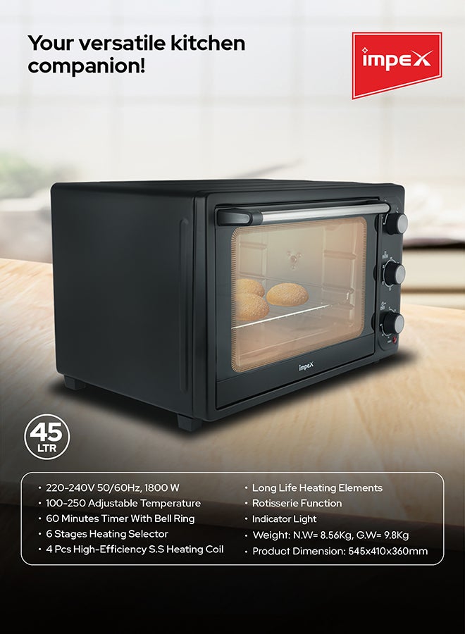 45-Liter Electric Oven , Adjustable Temperature (100-250°C), 60-Minute Timer, 6 Heating Stages, High-Efficiency SS Heating Coil x 4, Rotisserie Function, Indicator Light, Long Life Heating Elemen 45 L 1800 W OV 2902 Black/Silver