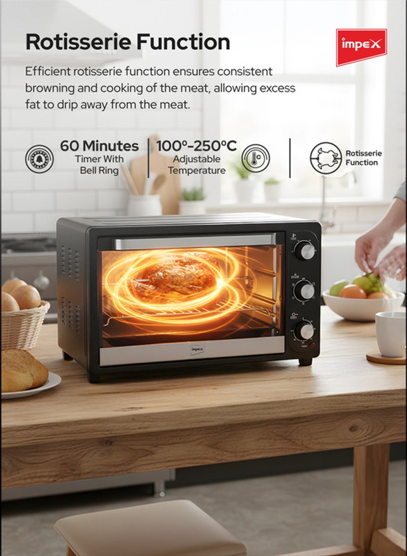 Impex 45-Liter Electric Oven , Adjustable Temperature (100-250°C), 60-Minute Timer, 6 Heating Stages, High-Efficiency SS Heating Coil x 4, Rotisserie Function, Indicator Light, Long Life Heating Elemen 45 L 1800 W OV 2902 Black/Silver - Image 4