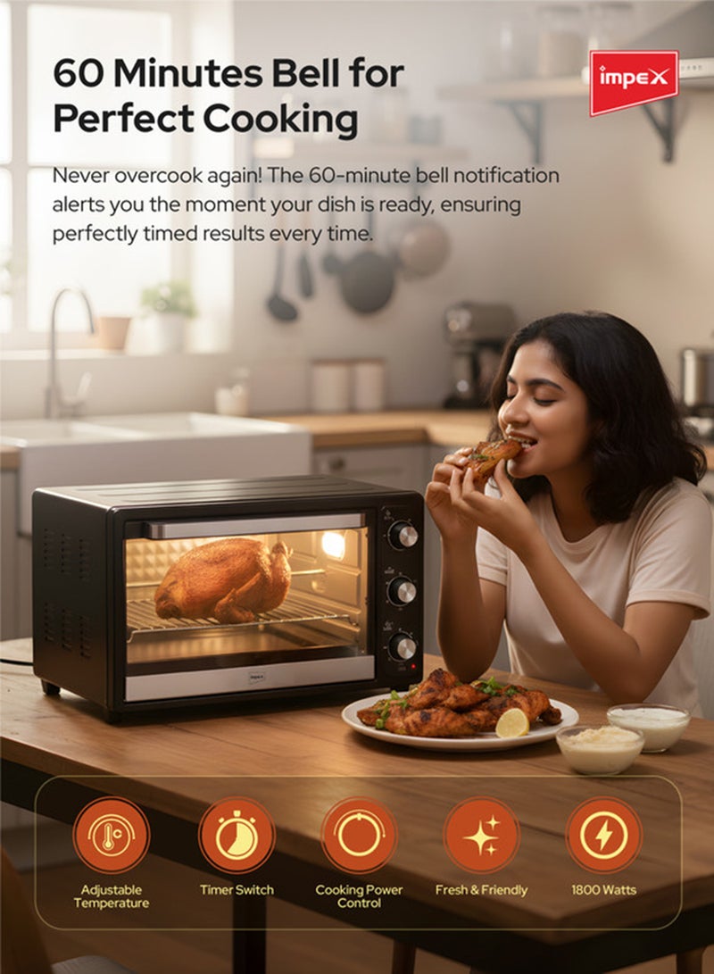 Impex 45-Liter Electric Oven , Adjustable Temperature (100-250°C), 60-Minute Timer, 6 Heating Stages, High-Efficiency SS Heating Coil x 4, Rotisserie Function, Indicator Light, Long Life Heating Elemen 45 L 1800 W OV 2902 Black/Silver - Image 5