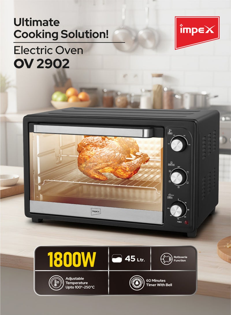 Impex 45-Liter Electric Oven , Adjustable Temperature (100-250°C), 60-Minute Timer, 6 Heating Stages, High-Efficiency SS Heating Coil x 4, Rotisserie Function, Indicator Light, Long Life Heating Elemen 45 L 1800 W OV 2902 Black/Silver - Image 3