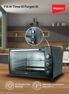 Impex 63 Liter Electric Oven, 2200W, Adjustable Temperature (100-250°C),60-Minute Timer And Bell Ring, 4Pcs High-Efficiency S.S Heating Coil, Rotisserie & Convection Functions Indicator Light, Long Life Heating Element 63 L 2200 W OV 2903 Black/Silver  - Image 4