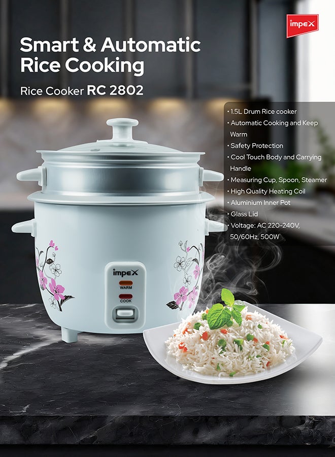 Impex - Electric Rice Cooker, Drum Cooker, Automatic Cooking, Keep Warm, Safety Protection, Cool Touch Body, Carrying Handle, Measuring Cup, Spoon, Steamer 1.5 L 500 W RC 2802 Multicolour - Image 1