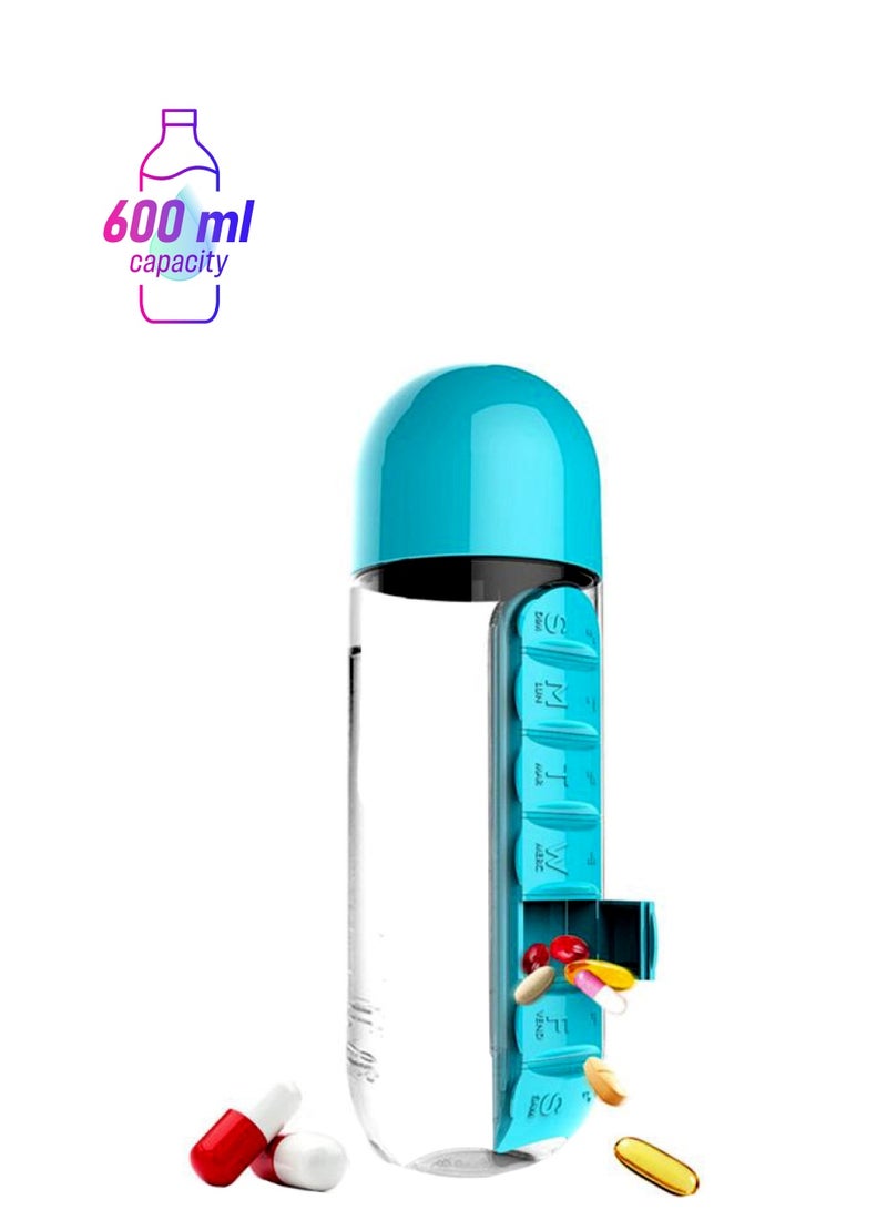 بيوينتي زجاجة مياه للشرب مزودة بفتحات لتنظيم أقراص الأدوية اليومية شفاف/أزرق 23.5x8سم - Image 1