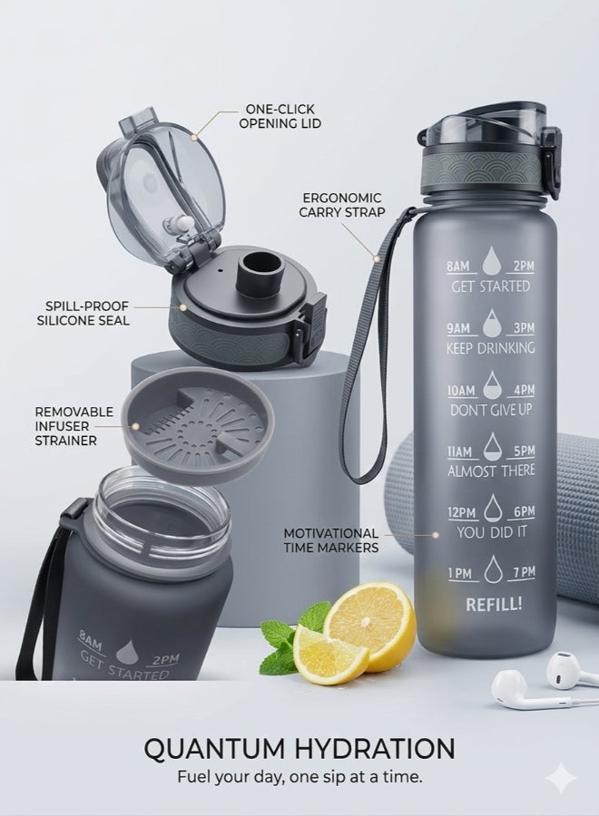 زجاجة مياه رياضية، سعة كبيرة 1 لتر، زجاجة مياه مقاومة للتسرب، زجاجات رياضية محمولة صديقة للبيئة، زجاجات شرب مع علامة زمنية للمدرسة، التخييم في الهواء الطلق، صالة الألعاب الرياضية، اللياقة البدنية أسود 10x10x5سم - view 2