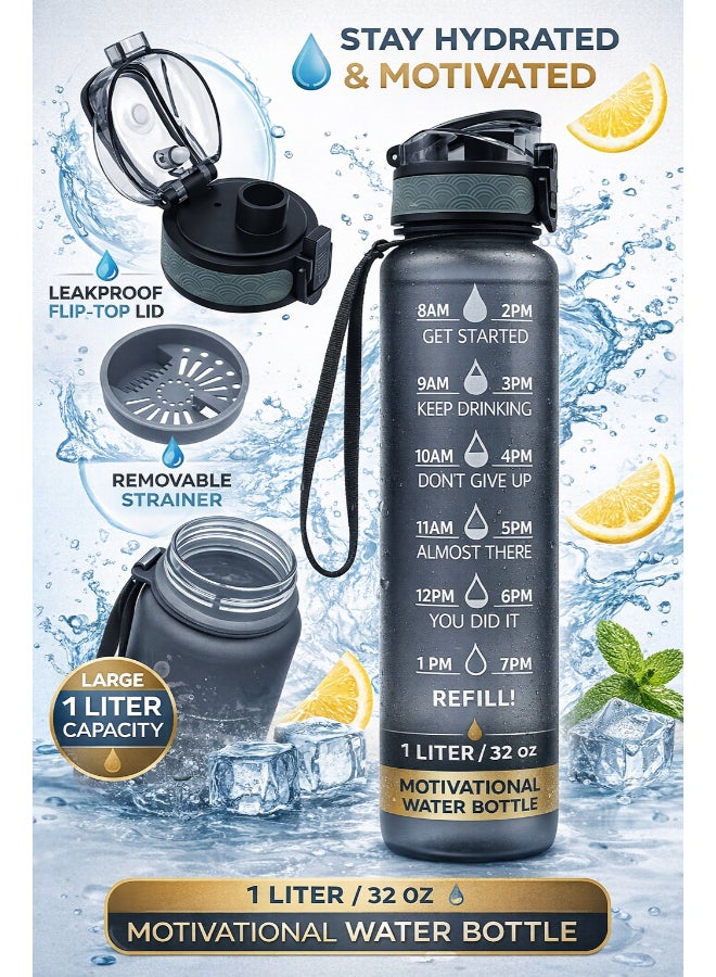 Sport Water Bottle,900 ml Large Capacity Leakproof Water Bottle Eco-friendly Portable Sports Bottles Drink Bottles with Time Marker for School Outdoor Camping Gym Sports Fitness Grey 10x10x30cm