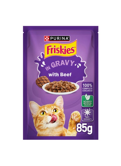 Friskies Beef Chunks In Gravy Wet Cat Food Pouch Brown 85grams