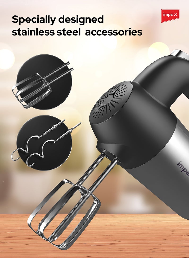 Impex 5-Speed Hand Mixer | Electric Handheld Mixer with Durable ABS Body | Includes Egg Beaters & Dough Hooks | 200W Powerful Motor, Ergonomic Design | Perfect for Whipping Cream, Beating Eggs, or Kneading Dough | HM3302 200 W HM 3302 Black - Image 5