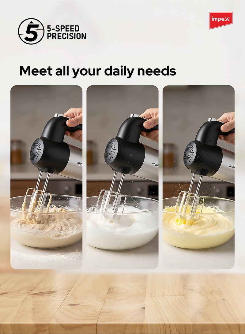 Impex 5-Speed Hand Mixer | Electric Handheld Mixer with Durable ABS Body | Includes Egg Beaters & Dough Hooks | 200W Powerful Motor, Ergonomic Design | Perfect for Whipping Cream, Beating Eggs, or Kneading Dough | HM3302 200 W HM 3302 Black - Image 4
