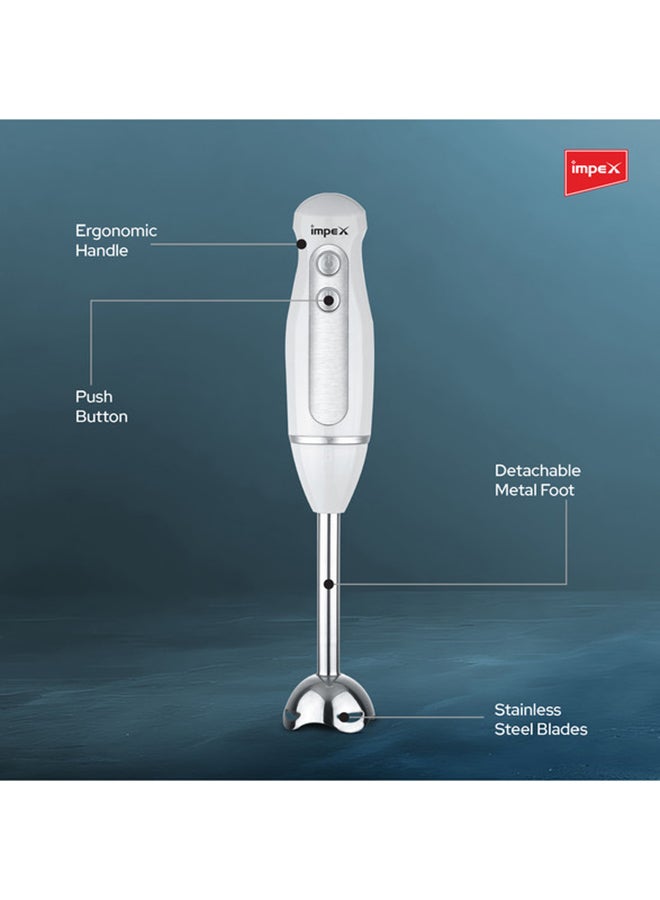 Hand Blender Mixer 300W| 2 Speed Control | Stainless Steel Rod & Blade | Overheat Protection | 2-Year Warranty | Efficient & Durable Handheld Blender for Smoothies, Soups, Sauces & More HB 3201 White