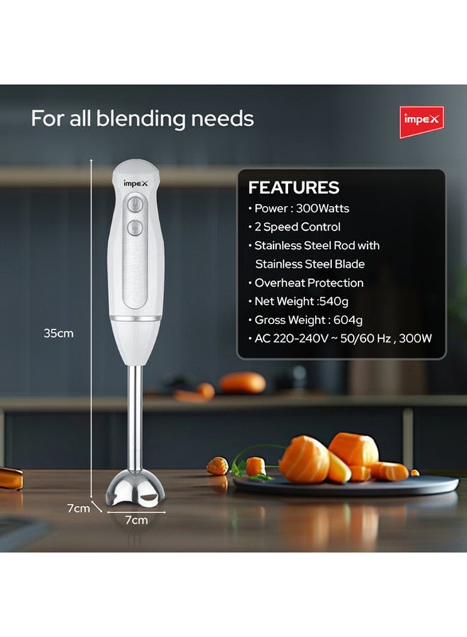 Hand Blender Mixer 300W| 2 Speed Control | Stainless Steel Rod & Blade | Overheat Protection | 2-Year Warranty | Efficient & Durable Handheld Blender for Smoothies, Soups, Sauces & More HB 3201 White