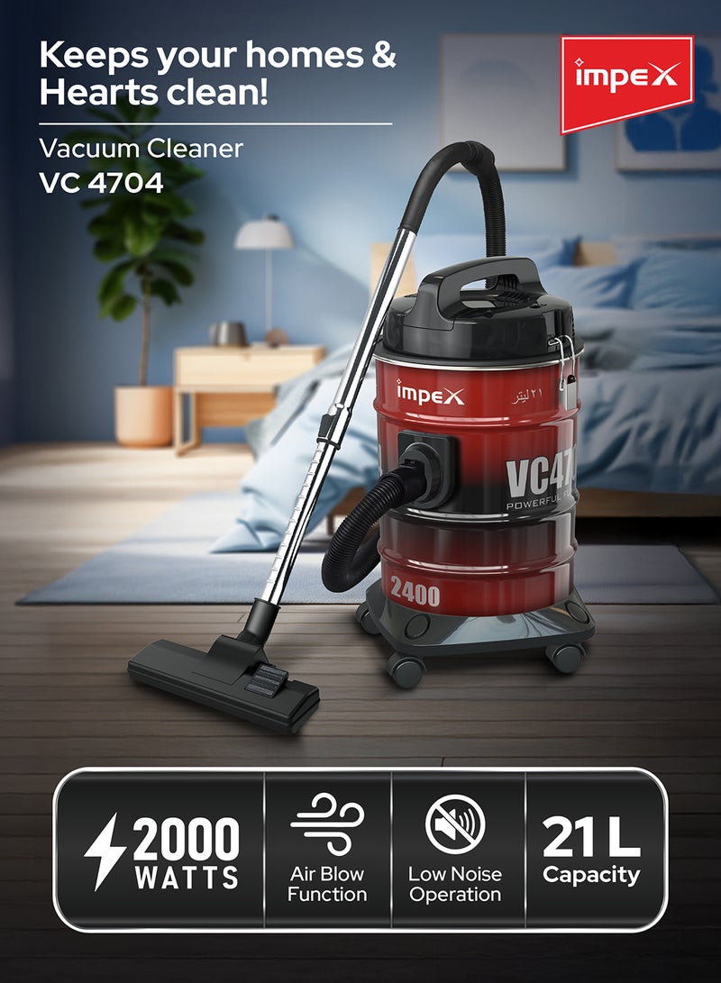 Impex 21L Large Capacity Vacuum Cleaner | 2000W High Power, Strong Metal Body, Blower Function, Telescopic Tube & Dust Full Indicator | Low Noise Operation | Spotless Clean Multi Surfaces Cleaner | With Carrying Handle | Red and Black | VC4704 21 L 2000 W VC4704 Multicolour - Image 2