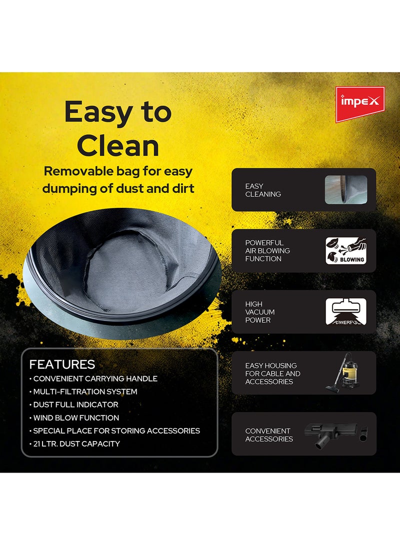 Impex - Drum Type Vacuum Cleaner  21 Liters Dust Tank Capacity With 5 Meter Power Code, Dust Level Indication, Low Noise Level, Convenient Carrying Handle, Best for Home Office And Mosque 21 L 2200 W VC 4704 Red/Silver/Black - Image 1