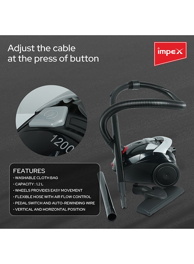 Impex - Vacuum Cleaner | High-Power Suction | Washable Cloth Bag | Flexible Hose with Air Flow Adjustment | Pedal Switch & Auto-Rewinding Wire | Easy Movement with Wheels 1.2 L 1200 W VC 4705 Black - Image 1