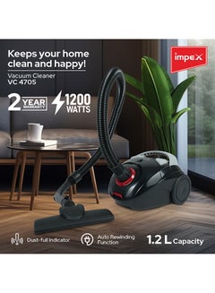 Impex Vacuum Cleaner | High-Power Suction | Washable Cloth Bag | Flexible Hose with Air Flow Adjustment | Pedal Switch & Auto-Rewinding Wire | Easy Movement with Wheels 1.2 L 1200 W VC 4705 Black  - Image 2