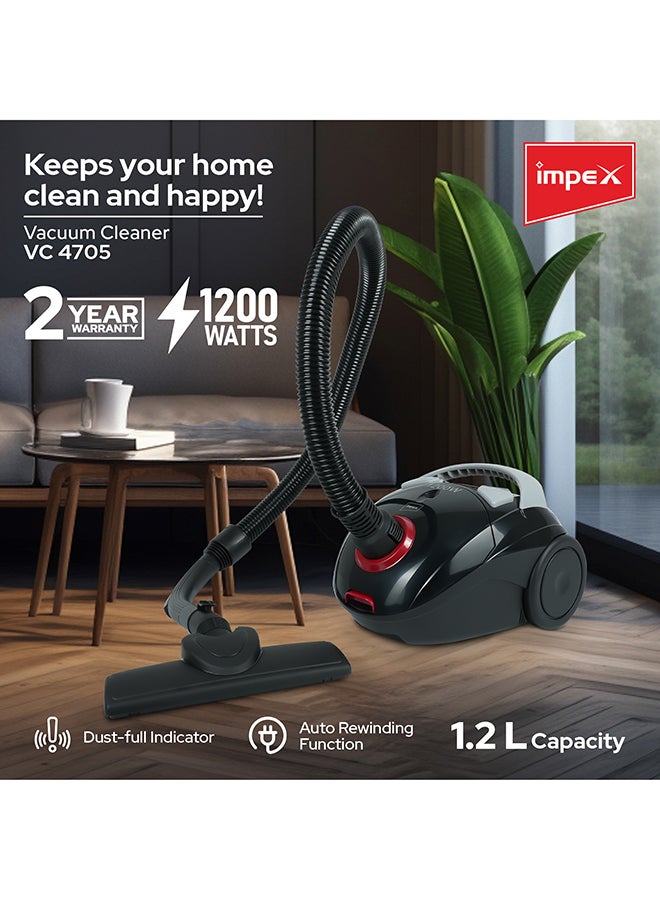 Impex - Vacuum Cleaner | High-Power Suction | Washable Cloth Bag | Flexible Hose with Air Flow Adjustment | Pedal Switch & Auto-Rewinding Wire | Easy Movement with Wheels 1.2 L 1200 W VC 4705 Black - Image 1