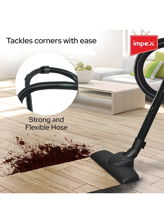 Impex - Vacuum Cleaner | High-Power Suction | Washable Cloth Bag | Flexible Hose with Air Flow Adjustment | Pedal Switch & Auto-Rewinding Wire | Easy Movement with Wheels 1.2 L 1200 W VC 4705 Black - Image 1