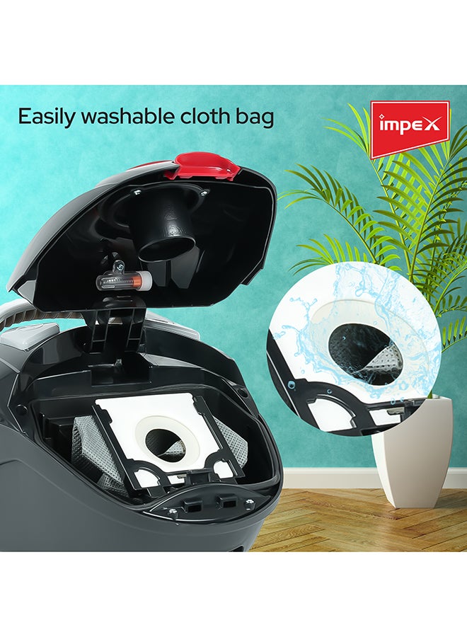 Impex - Vacuum Cleaner | High-Power Suction | Washable Cloth Bag | Flexible Hose with Air Flow Adjustment | Pedal Switch & Auto-Rewinding Wire | Easy Movement with Wheels 1.2 L 1200 W VC 4705 Black - Image 1