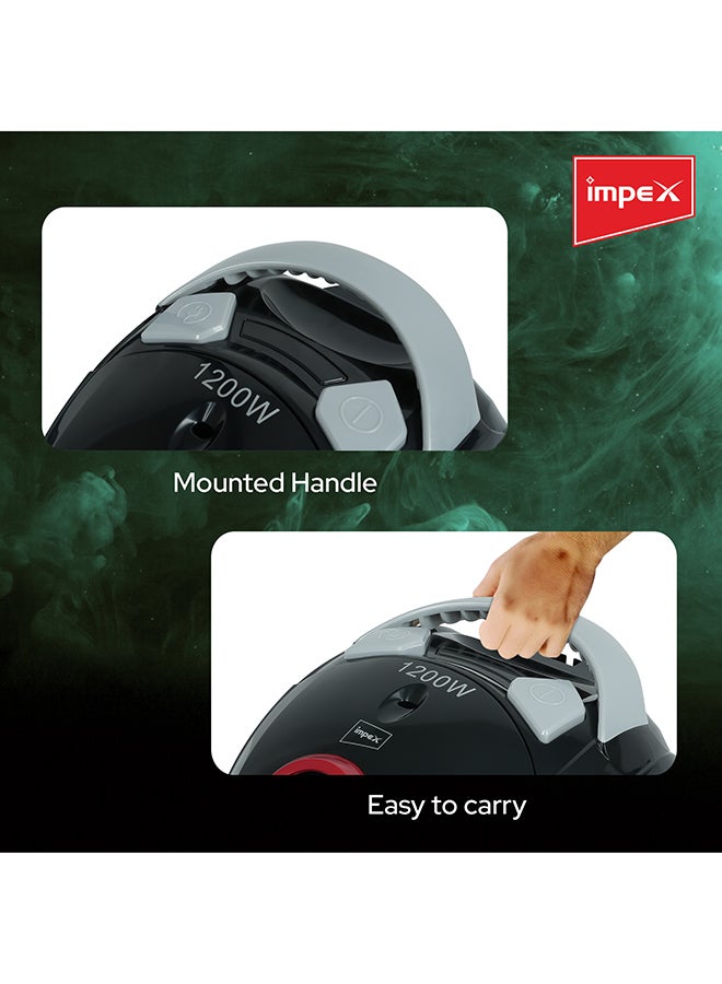 Impex - Vacuum Cleaner | High-Power Suction | Washable Cloth Bag | Flexible Hose with Air Flow Adjustment | Pedal Switch & Auto-Rewinding Wire | Easy Movement with Wheels 1.2 L 1200 W VC 4705 Black - Image 1