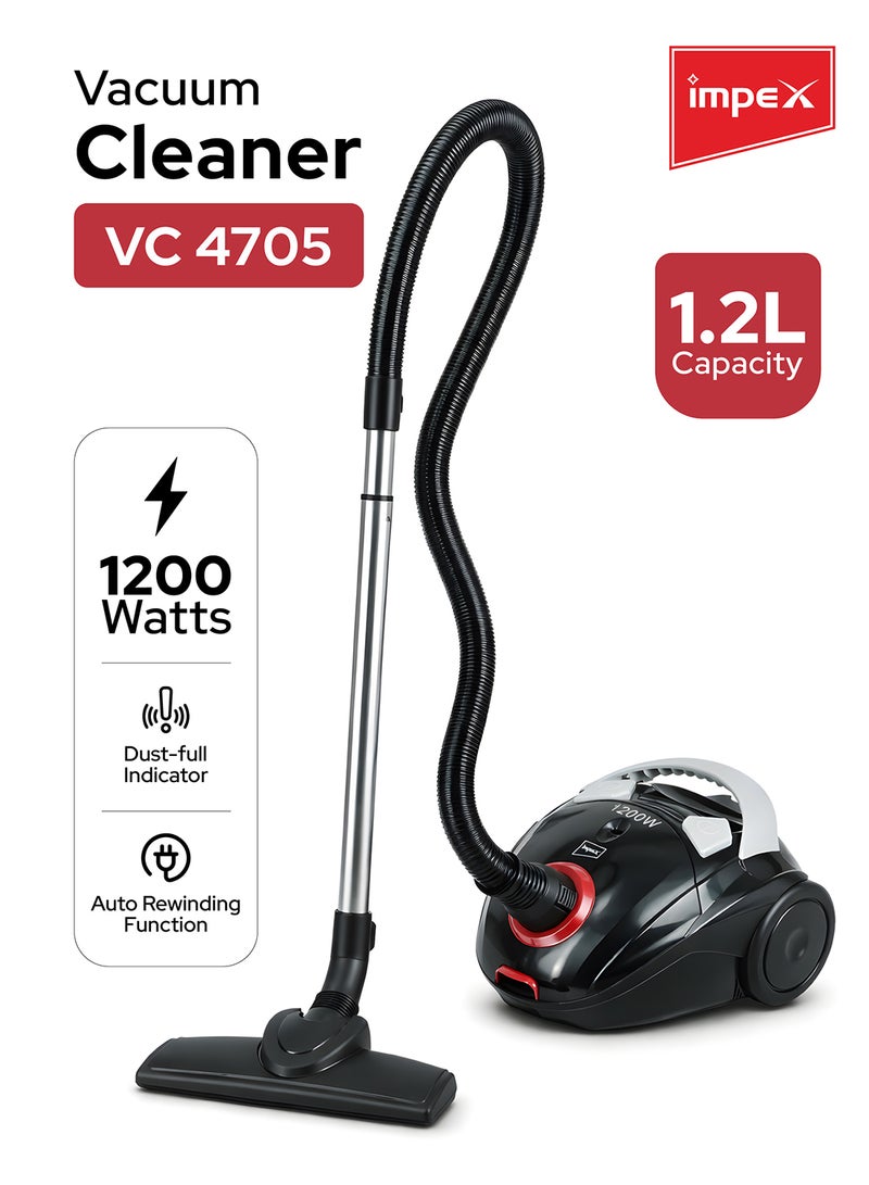 Impex Vacuum Cleaner | High-Power Suction | Washable Cloth Bag | Flexible Hose with Air Flow Adjustment | Pedal Switch & Auto-Rewinding Wire | Easy Movement with Wheels 1.2 L 1200 W VC 4705 Black - Image 1