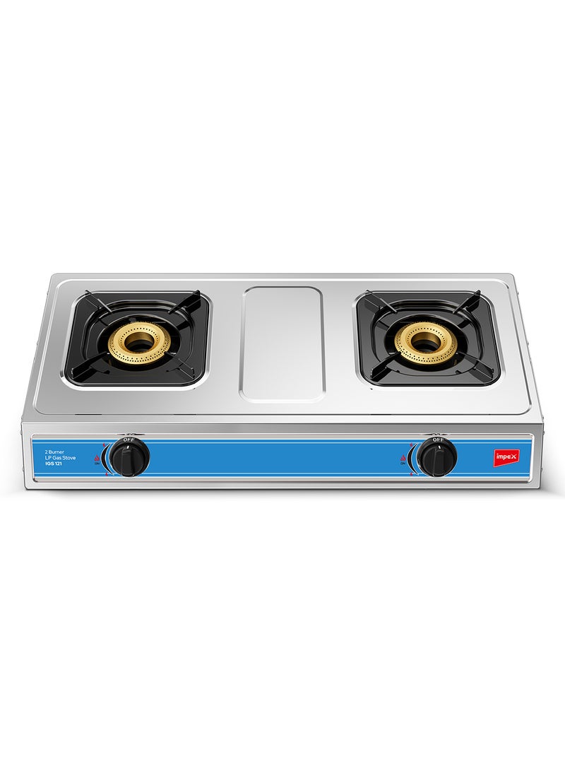 Impex - 2-Burner Stainless Steel Gas Stove - Stainless Steel, Auto Ignition, High-Efficiency Blue Flame, Spill-Proof Design with Enameled Water Tray for Clean and Easy Cooking IGS 121 Silver/Black/Red - Image 1